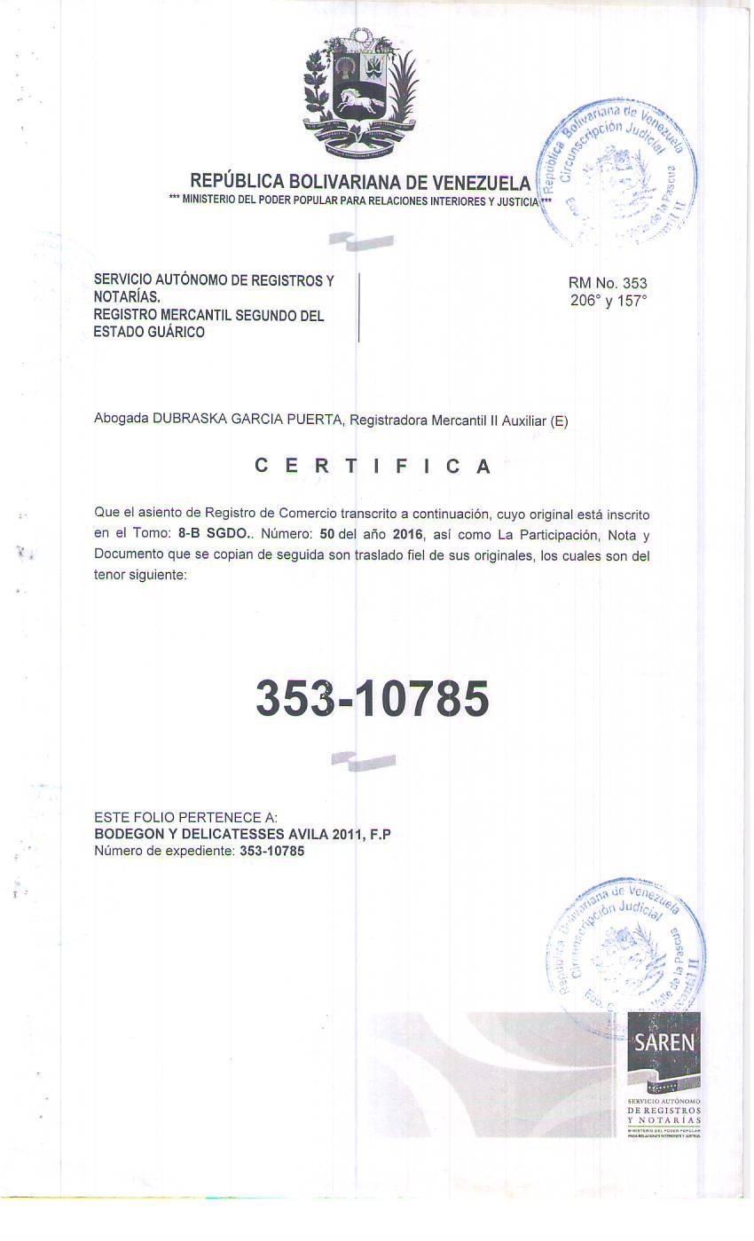 SERVICIO PUBLICITARIO || Registro mercantil Bodegón y Delicateses Avila