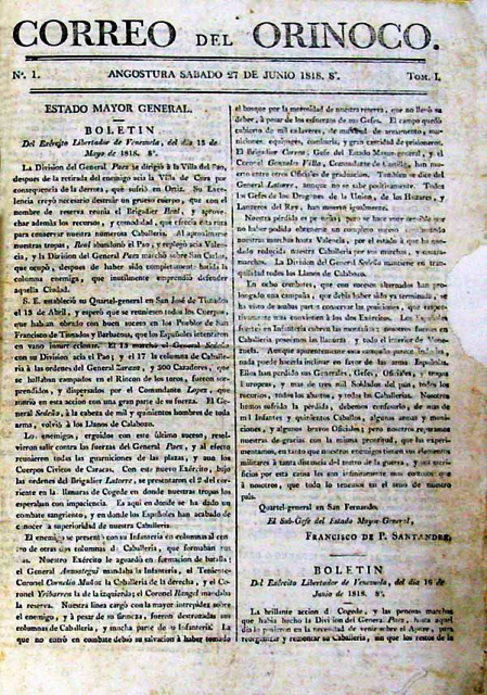 [:es]Bicentenario del Correo del Orinoco (27/06/1818 – 2018). Día del periodista desde 1964.[:]