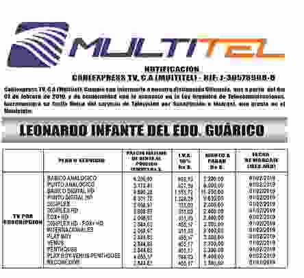 NOTIFICACIÓN. Ajuste de tarifas CABLEXPRESS TV, C.A (MULTITEL)
