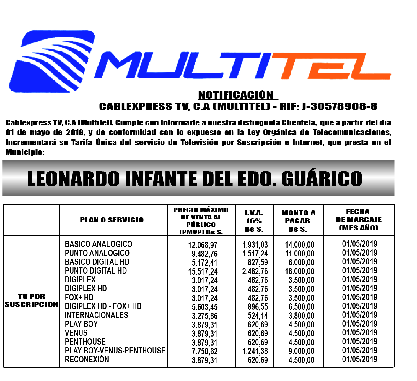 CABLEXPRESS TV. C.A. MULTITEL. Notificación de aumento de tarifas