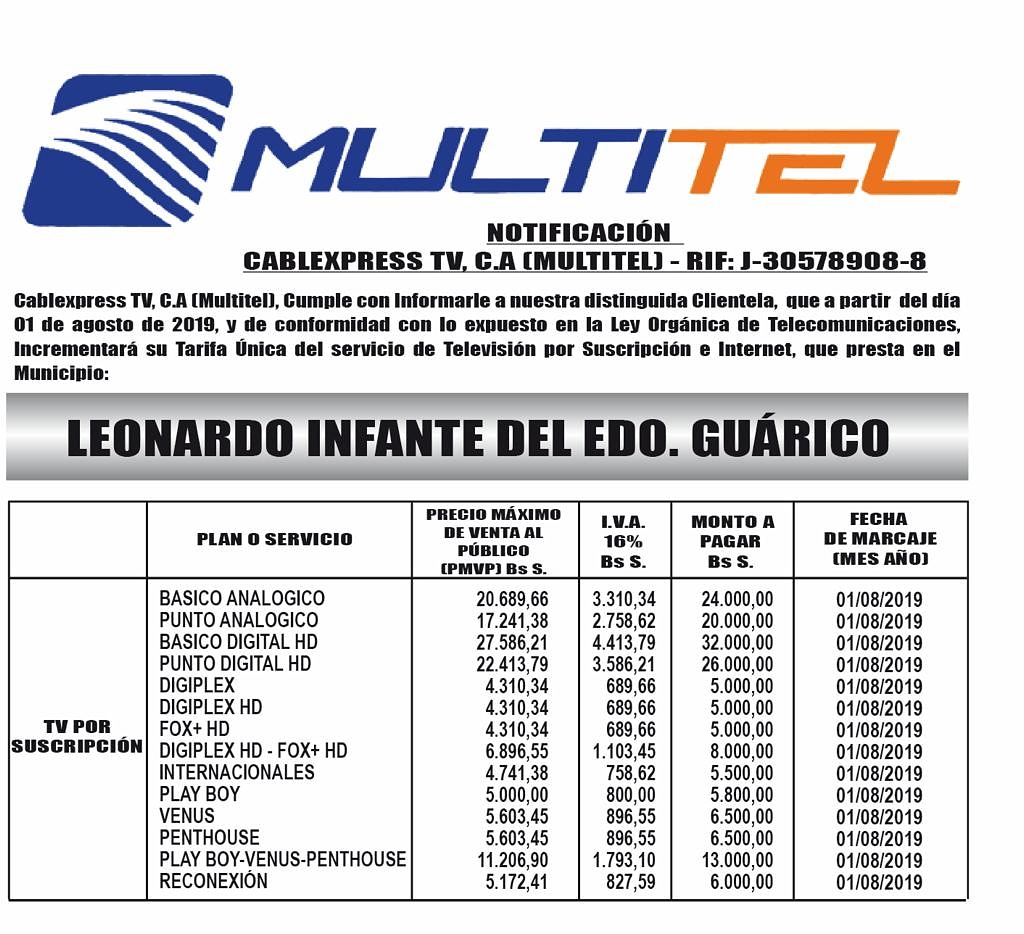 CLASIFICADOS. Multitel anuncia aumento de tarifas a partir del 1 de agosto