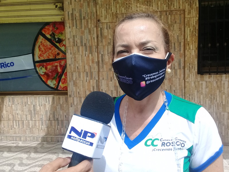 Maritza Montaleone, presidenta de la Cámara de Comercio en Roscio, exhorto a los comerciantes a cumplir las medidas de bioseguridad contra el COVID-19.