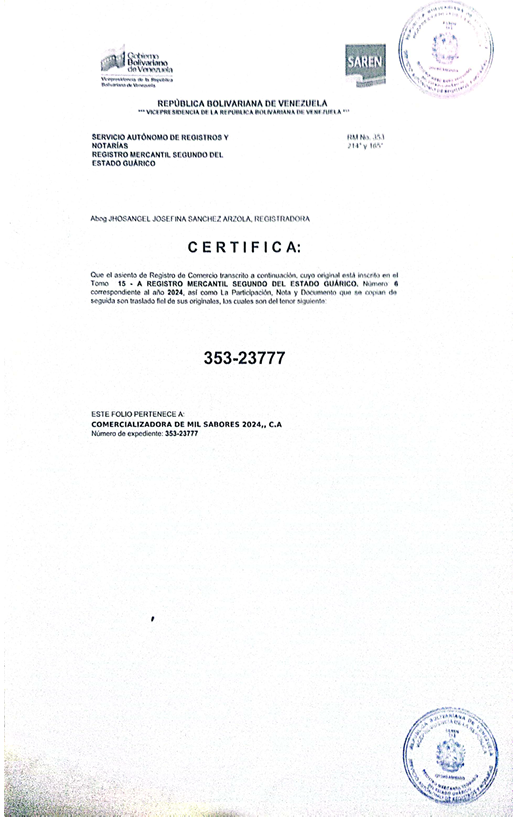 [:es]REGISTRO MERCANTIL. Comercializadora De Mil Sabores 2024, C.A. [:]